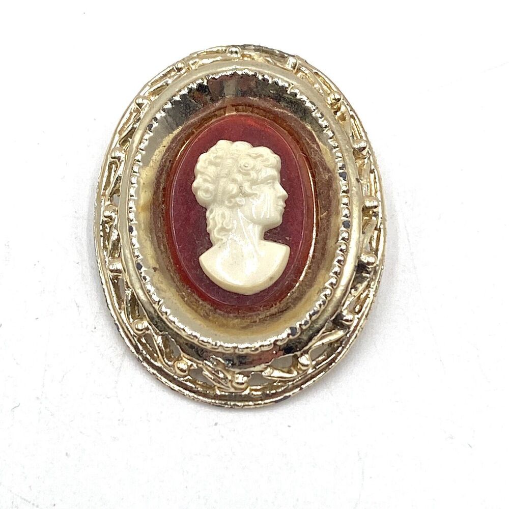 Vintage Estate Silhouette Cameo Brooch Pin Oval Concave Frame Filagree Edges